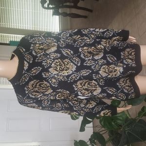 Bel Ami L gold & silver stitched roses on black chunky faux turtleneck sweater